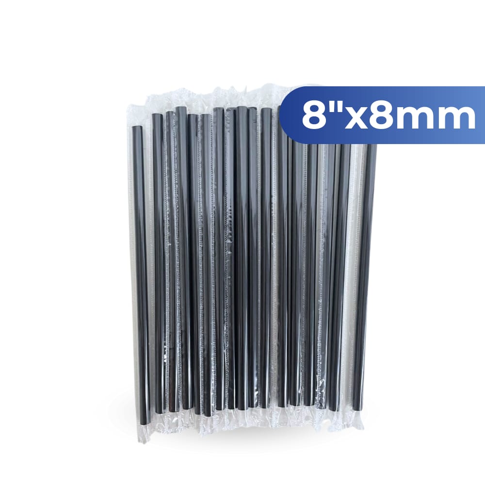 【Stone】8" x 8mm Wrapped Jumbo Black Plastic Straws 2000CT
