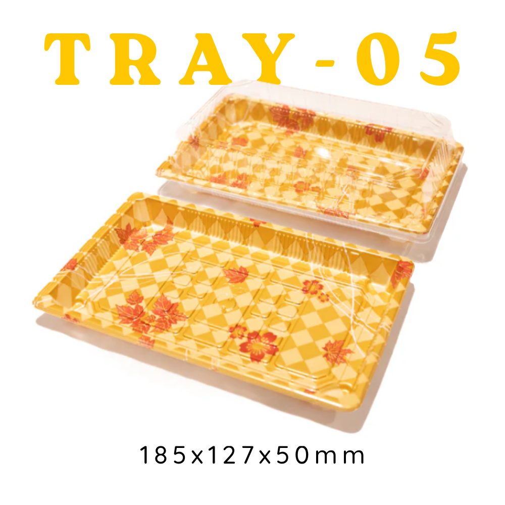 【Tray-05/HQ-10】185 x 127 x 50mm 金底印花寿司盘 寿司方盘 带盖 400SETS