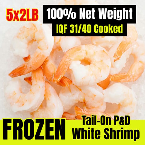 31/40 Cooked Shrimp Tail-On Peeled & Deveined, IQF Frozen 5 x 2LB
