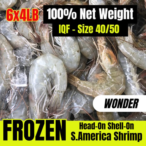 【Wonder】40/50 South American White Shrimp Head-on, IQF Frozen 6 x 4LB