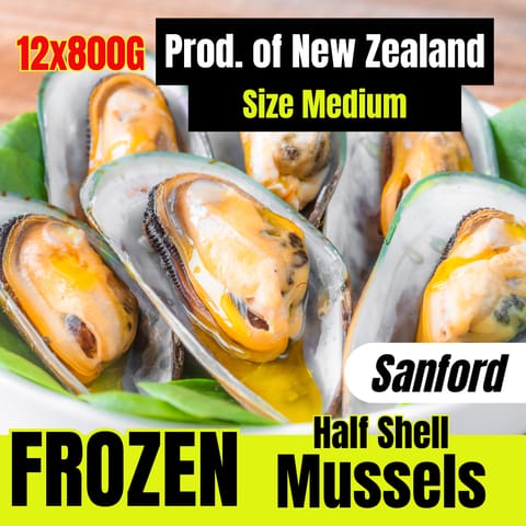 【Sanford】New Zealand Greenshell Mussels Half Shell (M), Frozen 12 x 800G
