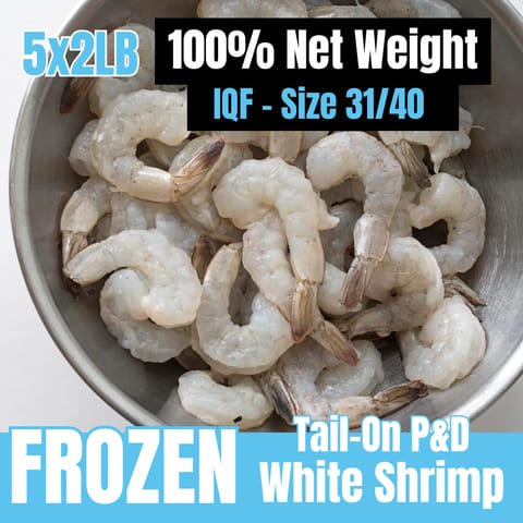 31/40 White Shrimp Headless Tail-on Peeled Deveined, Net Weight 100%, IQF Frozen 5 x 2LB