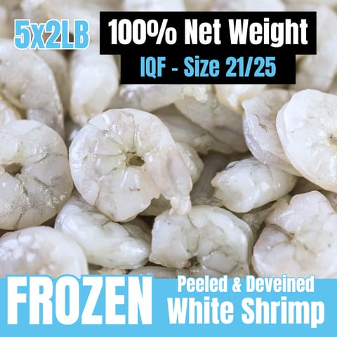 21/25 White Shrimp Peeled, Net Weight 100%, IQF Frozen 5 x 2LB