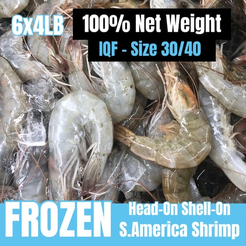 【Wonder】30/40 South American White Shrimp Head-on, IQF Frozen 6 x 4LB