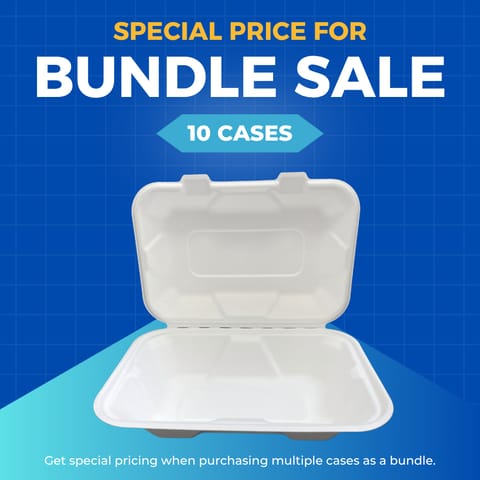 [963P] 9 x 6 x 3.2" 1-Comp. Bagasse/Fiber/Sugarcane Hinged Container 250CT (min. 10)