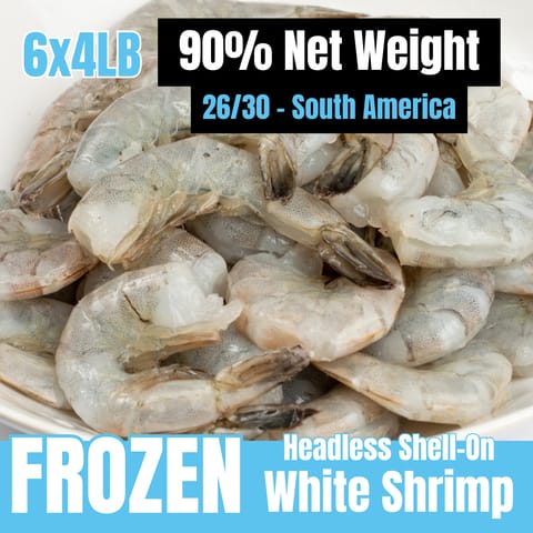 【Nila】26/30 Indian White Shrimp Headless Shell-on, Net Weight 90%, Frozen 6 x 4LB